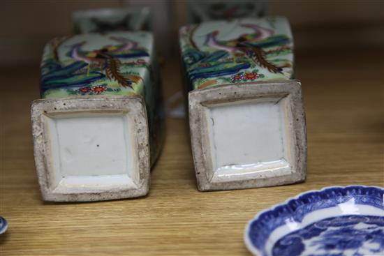 A pair of Chinese famille rose celadon ground vases, two blue and white vases and a spoon tray, all Qing dynasty